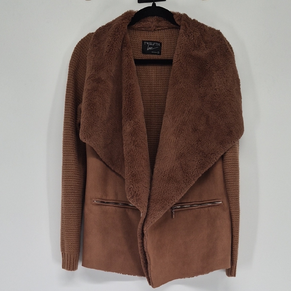 Faux‎ Suede Sherpa Cardigan Coat Brown Draped Open Front| Twelfth Love Size Sm